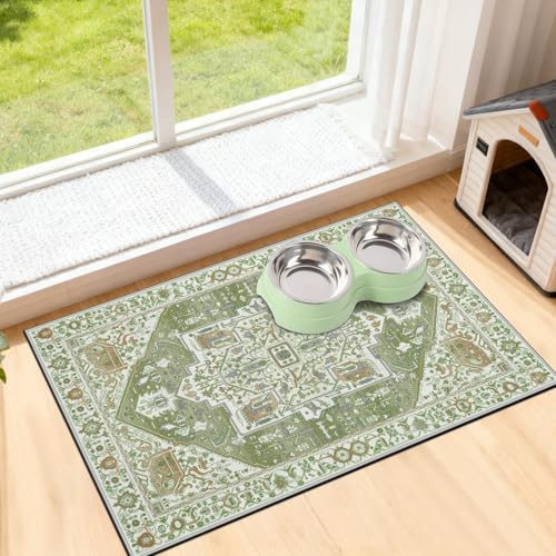 famibay Dog Food Mat, Absorbent Cat Dog Mats for Food and Water, No Stains Quick Dry Pet Cat Bowl Mats with Non Slip Backing, Boho Pet Feeding Mat for Floor Waterproof 16"x24" - color: Vintage Green, size: M(16"×24")