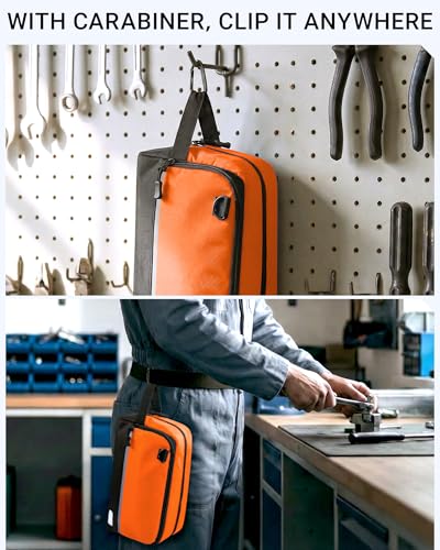 2 Pack Small Tool Bags Zipper Pouch for Organizing, with Adjustable Shoulder Strap & Carabiner, Utility Small Tool Pouch with Multi Pocket Compartments and Label Area (12" & 10") - color: Blue/Orange