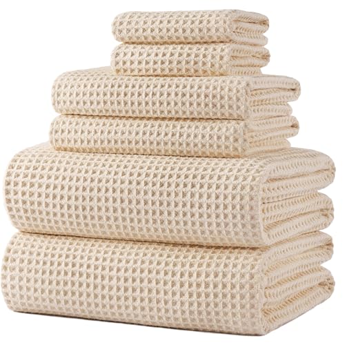 POLYTE 430 GSM Microfiber Quick Dry Lint Free Oversize Bath Towel Set, 6 Piece (Waffle Weave) - color: Light Beige