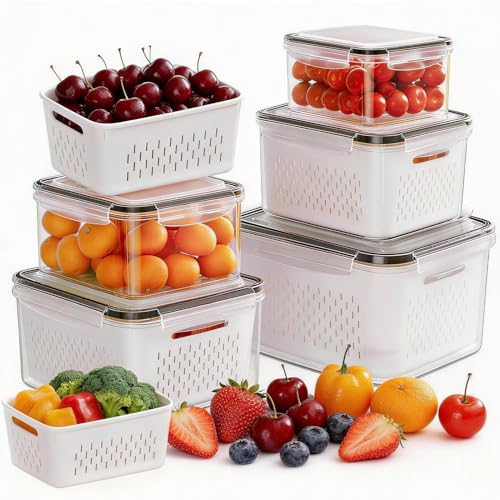 HOMETALL 5 Pack Fruit Storage Containers for Fridge, Plastic Fruit Containers for Fridge with Removable Colanders, Leakproof Fridge Organizers and Storage for Berry Vegetable Salad Lettuce Meat Food - size: 5 Pack