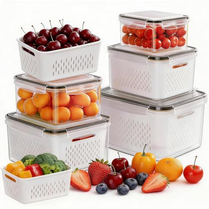 HOMETALL 5 Pack Fruit Storage Containers for Fridge, Plastic Fruit Containers for Fridge with Removable Colanders, Leakproof Fridge Organizers and Storage for Berry Vegetable Salad Lettuce Meat Food - size: 5 Pack