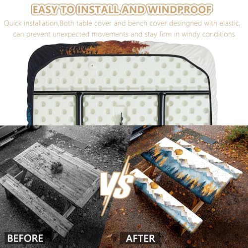 Picnic Table Cover with Bench Covers Elastic Edges, Outdoor Patio Camping Essentials 72 Inch 3PCS, Waterproof Camping Fitted Tablecloth with Handbags (Boho mountain) - color: Mountain View, size: 72" x 30" (Rectangular)