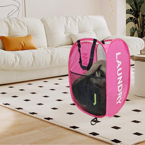 Collapsible Laundry Hamper 2 pack Mesh Pop Up Laundry Hamper with Handles, Foldable Laundry Basket for Bedroom, College Dorm, RV, Travel (Pink + Sky Blue) - color: Pink + Sky Blue