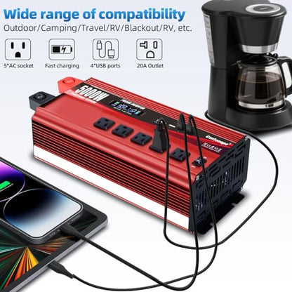 Cantonape 5000W Power Inverter 12V to 110V/120V DC to AC with LCD Display, Remote Controller 5 x AC Outlets and 4 x 3.1A USB Car Adapter for Car Truck Boat RV Solar System - size: 5000W-12V