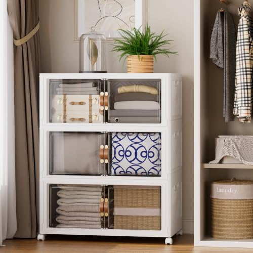 SAILUN 410QT/102Gal Stackable Storage Bins with a Lid, Collapsible Storage Bins With Doors, Folding Cabinet for Home Closet Organization,3 Pack-28 W x 18" D x 47" H White - color: White-130qt, size: 1 lid 3 Pack