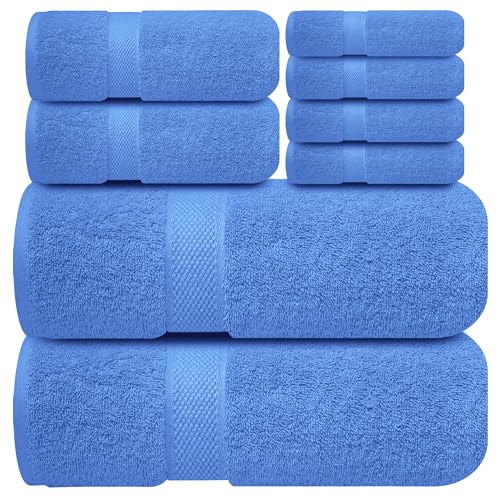 Infinitee Xclusives Luxury 100% Cotton Towel Set – 8 Piece Bathroom Towel Set (2 Bath Towels, 2 Hand Towels, 4 Washcloths) – Soft & Absorbent Towels for Bathroom (Eloquent Blue) - color: Eloquent Blue, size: Towel set - 8 Pack