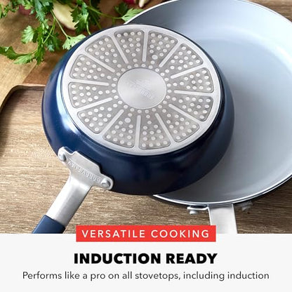 GreenPan x Bobby Flay 13 Piece Nonstick Cookware Pots and Pans Set, PFAS-Free Diamond Ceramic, Induction Suitable, Easy Clean Dishwasher & Oven Safe, Stay-Cool Silicone Handles, Glass Lids, Navy Blue - color: Navy Blue