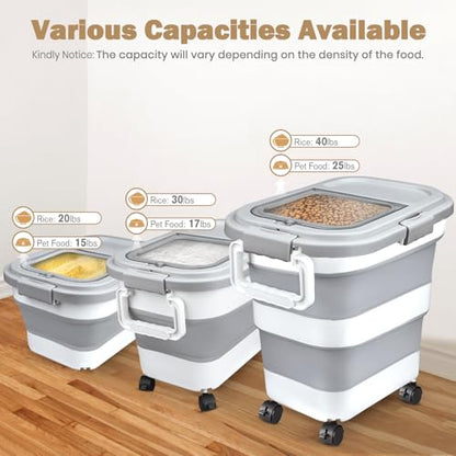 Komzon Rice Storage Container, Collapsible Airtight 10-40 Lb Rice Storage Container, 25lb Pet Dog Food Storage Container, Rice Dispenser Bin with Cup and Scoop for Flour Cereal Pasta Grain, Cat Bird - size: 10-40 Lbs