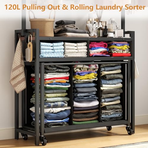 STIKELY Laundry Sorter Hamper with Hanging Cloth Rack, Laundry Basket with 3 Section Pull-Out Rolling Bags, Laundry Sorter for Organization and Storage with 2 Drawers for Laundry Room (Vinatge Brown)