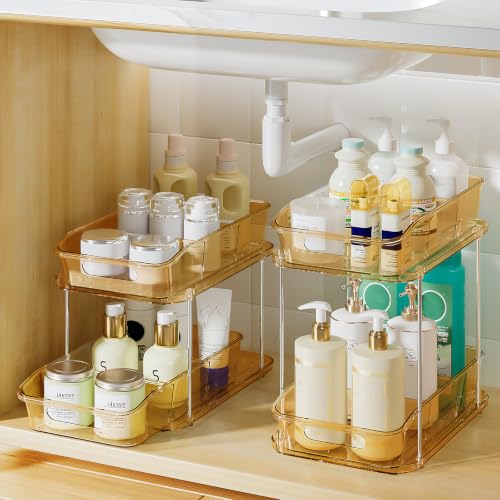 Delamu 2-Tier Under Sink Organizers and Storage, Multi-Purpose Stackable Bathroom Cabinet organizers, Pull Out Kitchen Pantry Organization and Storage with Dividers(2 Pack, Amber) - color: Amber, size: 2 Pack