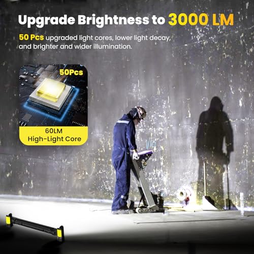 Work Light【AUTO ON/Off】 3000LM LED Work Light 5200mAh Under Hood Working Light with Hooks, Portable Magnetic Rechargeable Cordless Job Site Lighting for Mechanic/Car Repairing/Garage-Yellow