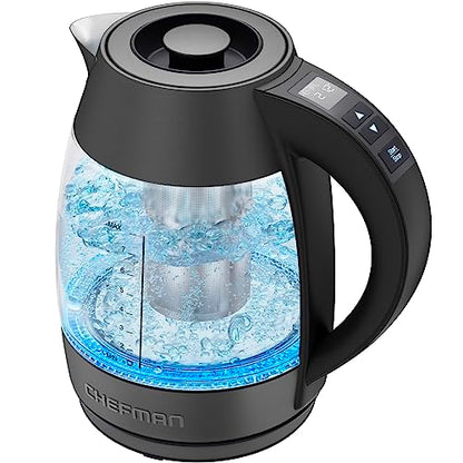 Chefman Digital Electric Kettle with Rapid 3 Minute Boil Technology, Custom Steep Timer and Temperature Presets, Bonus Tea Infuser, Rust and Discoloration Proof, 1.8 Liter, Matte Black, 1500W - color: Black, style: Glass with Tea Infuser