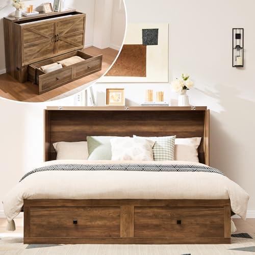 AMERLIFE Full Murphy Bed Cabinet with Charging Station and Storage, Farmhouse Foldable Platform Bed for Guest Room, Office, Small Spaces, Barnwood - color: Barnwood, size: Full