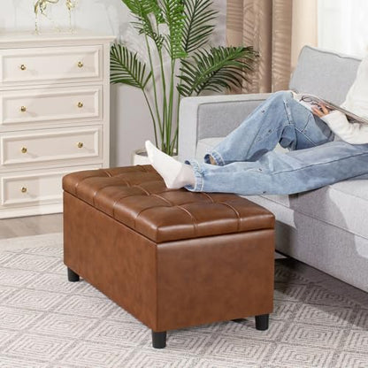 Joveco Storage Ottoman Bench, 32 Inches Faux Leather Rectangle Tufted Foot Stool for End Foot of Bed, Bedroom, Living Room, Creamy Caramel - color: Creamy Caramel