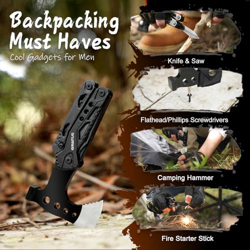 16 in 1 Multitool Survival Gear for Camping & Hiking, Multi Tool with Axe, Hammer, Pliers, Saw, Screwdrivers & Whistle, Camping Accessories and Gifts for Men Dad Husband - color: Black