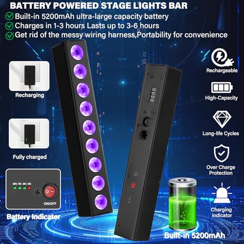 Rechargeable Stage Lights Bar,2Pack 9 LED RGBWA+UV Battery Powered DJ Light Strip Built-in 5200mAh Battery Remote Control DMX512 Sound Activated Uplights for Church Events Wedding Disco Party