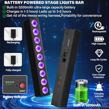 Rechargeable Stage Lights Bar,2Pack 9 LED RGBWA+UV Battery Powered DJ Light Strip Built-in 5200mAh Battery Remote Control DMX512 Sound Activated Uplights for Church Events Wedding Disco Party