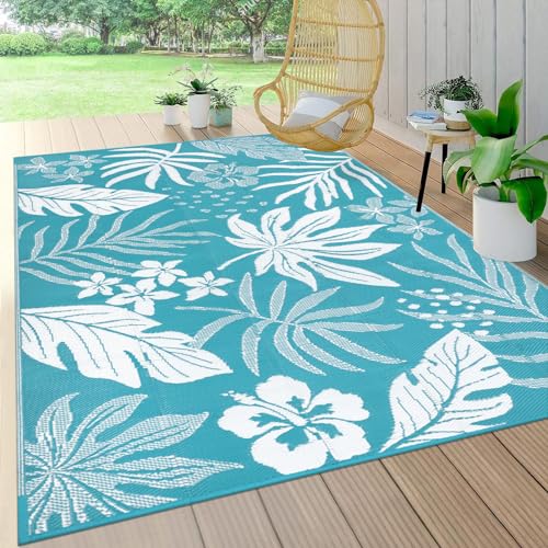 Pauwer Waterproof Outdoor Rug 5x8, Reversible Plastic Straw Patio Camping Rug, Indoor Outdoor RV Mat Carpet for Deck, Camper, Porch, Balcony, Backyard, Picnic, Floral Teal - color: Floral Teal, size: 5' x 8' (Rectangular)