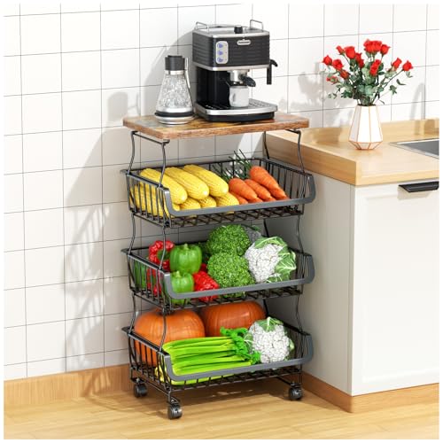 Gsiekare Fruit Vegetable Basket for Kitchen, 4 Tier Stackable Fruit Vegetable Storage Baskets with Wheels, Metal Wire Storage Basket Organizer Baskets for Kitchen, Pantry, Bathroom - color: Black With Wooden Top, size: 4 Tier