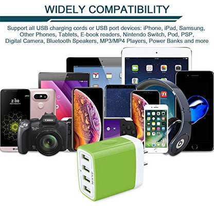 Wall Charger, USB Charger Adapter, 4.8A 4Multi Port Fast Charging Station | Power Base Block Plug Cube Brick for iPhone, iPad, Samsung Galaxy, Moto, Google Pixel, Kindle Fire Plug Cargador Carro - color: Green