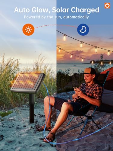 addlon 35FT Solar String Lights Outdoor, IP54 Waterproof Solar Powered with Remote & USB Port, 10+1 LED Shatterproof Bulbs, Dimmable Solar Light Outdoor for Camping Backyard Bistro Porch (Pack of 2) - size: 35FT (Pack of 2)