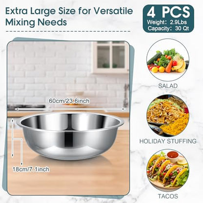 Nuogo 4 Pcs Stainless Steel Mixing Bowls Metal Mixing Bowls Extra Large Basin Salad Basin Deeper Edge Dishwasher Safe Mirror Finish for Home and Commercial, Silver (24 Inch 30 Qt) - size: 24 Inch (30 Qt)