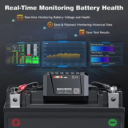 ANCEL BM300 12V Battery Monitor, Bluetooth 4.0 Automotive Voltmeter with Charging, Cranking System Test & Alarm - Compatible for Solar Power Systems, RVs, Motorcycles, Boats, Cars, and Trucks - color: Black