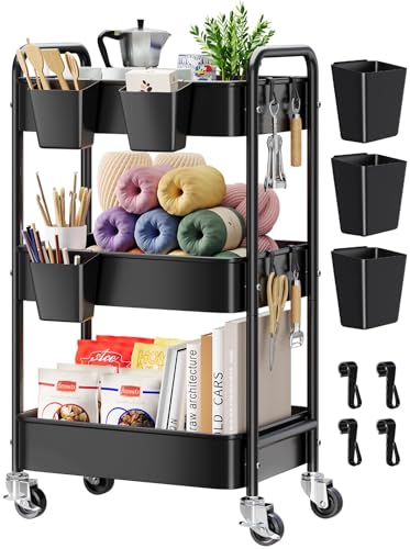 3 Tier Rolling Cart Metal with Wheels, Black Three Tiered Art Cart Organizer on Wheels, Storage Utility Trolley Carts for Kithcen, Craft, Nail, Lash, Makeup, Salon,Bedside, Bathroom, Office, Snack - color: Matte Black, size: 3 Tier + Cups + Hooks
