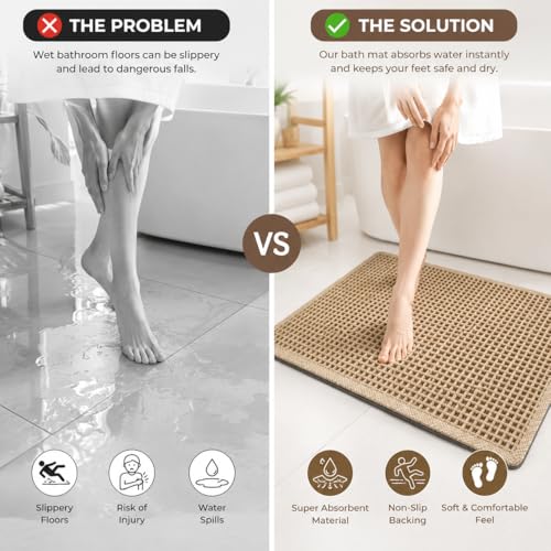 Waffle Bath Mat Non Slip Washable, Boho Bath Rug, Soft Absorbent Quick Dry Bath Mat for Shower Floor, Textured Waffle Weave Shower Rug, Farmhouse Bathmat Decor, 18x30 Inch