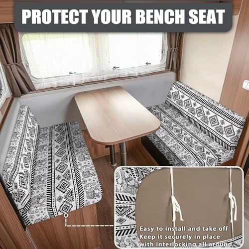RV Dinette Cushion Covers - Black White Aztec Stretch Slipcovers, 2-Piece Set for Camper Booth Seat Protector, Anti-Slip Furniture Protector (Fits RV Sofa & Travel Trailer) - color: Black White Aztec