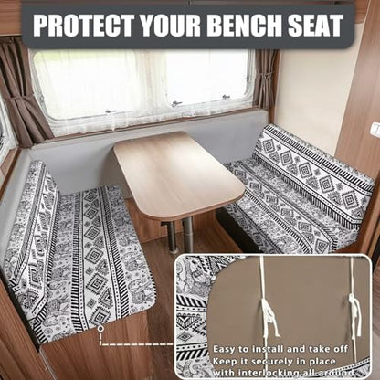 RV Dinette Cushion Covers - Black White Aztec Stretch Slipcovers, 2-Piece Set for Camper Booth Seat Protector, Anti-Slip Furniture Protector (Fits RV Sofa & Travel Trailer) - color: Black White Aztec