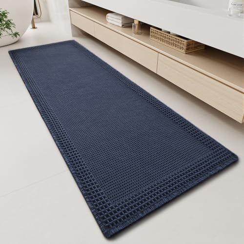 RESARE Waffle Bathroom Runner Rugs, Super Absorbent Bath Mat Non Slip Washable Quick Dry, Upgraded Ultra Soft Boho Bath Rugs with Tassels, Farmhouse Home Decor Accessories, 2'x5'(24"x60") Navy - color: Navy, size: 2' X 5'