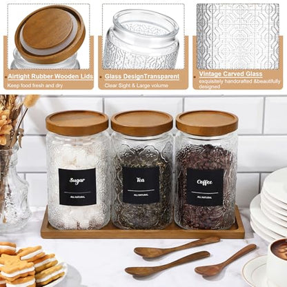 3 Pack 34 oz Glass Coffee Container with Wooden Tray Lid Spoon Labels Clear Airtight Glass Jar Food Storage Kitchen Canisters Set Decorative Coffee Bar Containers for Sugar Candy Tea Flour - size: 34 oz