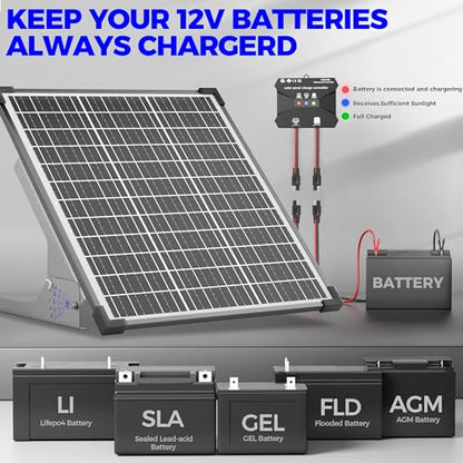 Voltset 50W Solar Panel Kit, 12V Solar Battery Trickle Charger Maintainer + 10A MPPT Charge Controller + Adjustable Mount Bracket,Waterproof Solar Panel Battery Charger for Car Boat Marine RV Roof - size: 50W