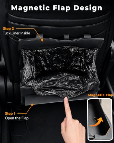 COZILO Leather Car Trash Can, Leak-Proof Odor-Lock Car Garbage Can with 60 Liners, Magnetic Closure, Liner-Hold Design, Storage Pocket & Metal Hooks, Hanging Car Trash Bin for SUV Sedan Truck - color: Carbon Black