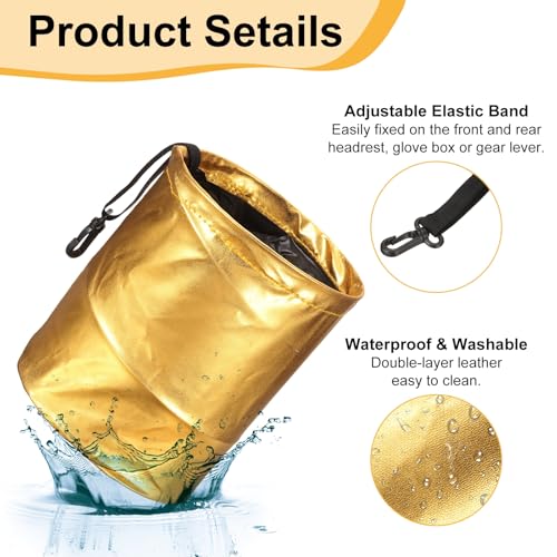 HARFINGTON Car Trash Can 0.9 Gallon Foldable Leak-Proof Garbage Organizer Portable Hanging Waterproof Truck Trash Bins for Van Automotive Vehicle Front Seat, Gold - color: Gold Tone