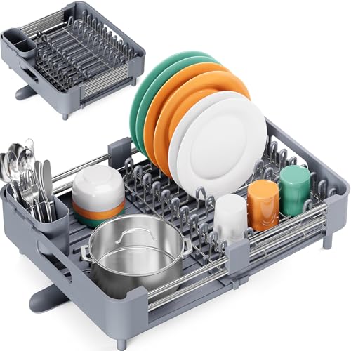 TOOLF Dish Drying Rack for Kitchen Counter, Extendable Dish Rack with Drainboard, Expandable Dish Drainer, Collapsible Dish Strainer with Cutlery Holder, Foldable Countertop Plate Rack, Light Gray - color: Light Gray