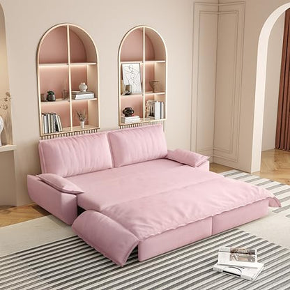 KEIKI 73.2" Queen Size Convertible Sofa Bed, 3-in-1 Pull Out Sleeper Couch with Pillow Armrests, Comfy Velvet Loveseat Sofa, Modern Living Room Furniture for Daily Relaxing Movie Nights Guests - color: Pink, size: 73.2 Inch Queen