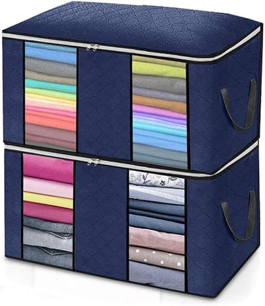 2-Pack Heavy-Duty Storage Bags with Zipper & Dual Clear View Windows | Waterproof Travel & Moving Organizers for Clothes,Bedding,Blankets | Foldable Reinforced Handles | Space-Saving Design,Dark Blue. - color: Dark Blue