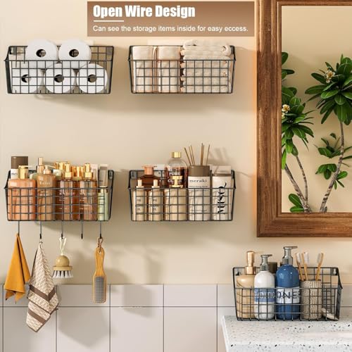 Sonyabecca 4 Pack Hanging Wall Basket for Organizing, Large Wire Basket for Storage Pantry with 5 S Hook+4 Adhesive Hook, Wall Mounted Shelf for Kitchen Bathroom - size: 13"L x 6.3"W x 6.02"H-4Pack