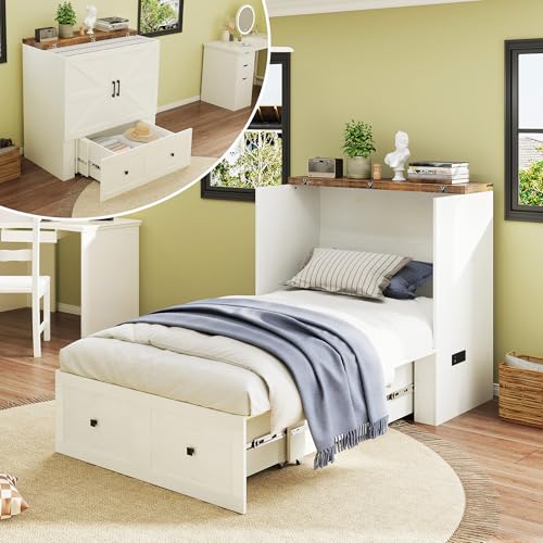 LUXOAK Twin Murphy Bed with Built-in Charging Station and Storage Drawer, Farmhouse Foldable Cabinet Bed for Guest Room, Apartment or Home Office, White - color: White, size: Twin