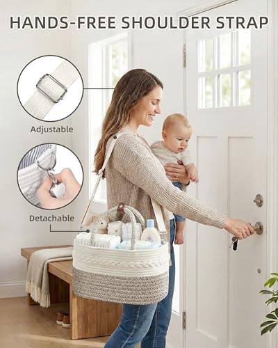 Baby Diaper Caddy Organizer With Handle, Cotton Rope Baby Shower Basket, Large Diaper Caddy with Shoulder Straps for Newborn Parents, Home and Car Travel, 14.5"x8.5"x7.5