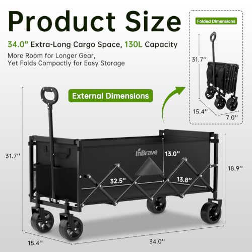 Extra Long Collapsible Wagon Cart, 360LBS Heavy Duty Utility Wagons with All-Terrain Wheels, Foldable Grocery Carts for Gardening, Shopping, Beach, Camping, Black - color: Ebony