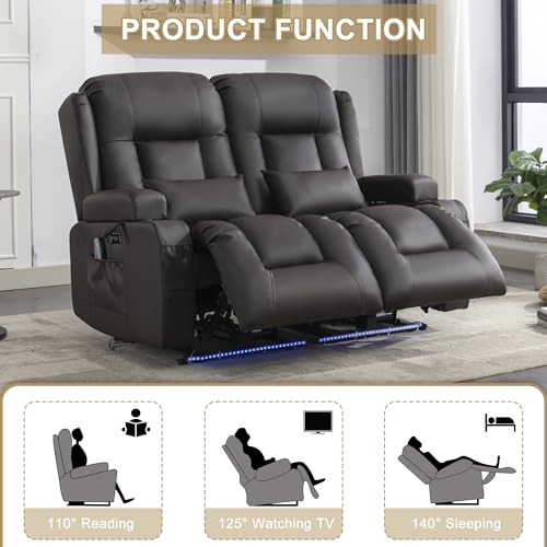 URRED Power Loveseat Recliner Sofa with Massage and Heat, Wall Hugger Reclining Loveseat, RV Couch Home Theater Seating with LED Lights for Living Room (Dark Brown, 54" - 2 Seats) - color: Dark Brown, size: 54" - 2 Seats