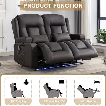 URRED Power Loveseat Recliner Sofa with Massage and Heat, Wall Hugger Reclining Loveseat, RV Couch Home Theater Seating with LED Lights for Living Room (Dark Brown, 54" - 2 Seats) - color: Dark Brown, size: 54" - 2 Seats