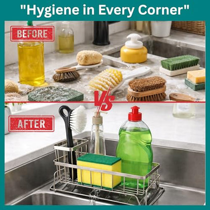Big Kitchen Sponge Holder for Kitchen Sink, Self-Draining Sink Caddy for Brush Dishcloth & Soap, Stainless Steel Kitchen Organizer for Countertop, Home Essential House Cleaning Supplies