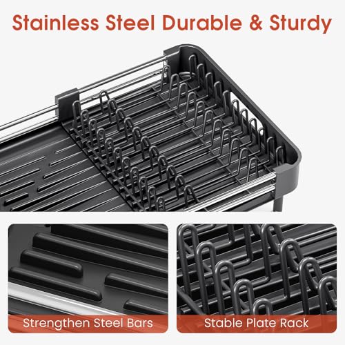 TOOLF Dish Drying Rack Expandable Drainer w/Cutlery & Cup Holder, Black | Stainless Steel &PP, Extenable 12.6" to 18.7"D, Anti-Rust, Auto-Drainage, Space-Saving, Fit for Various Sink Countertops - color: Black