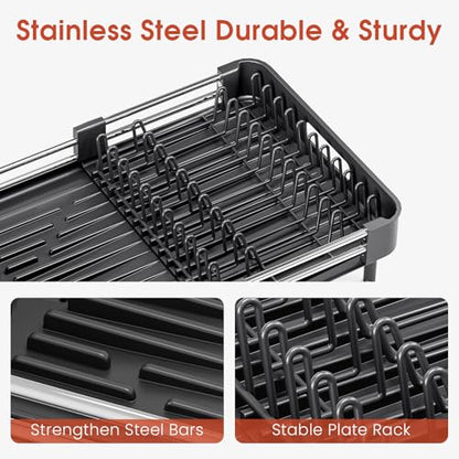 TOOLF Dish Drying Rack Expandable Drainer w/Cutlery & Cup Holder, Black | Stainless Steel &PP, Extenable 12.6" to 18.7"D, Anti-Rust, Auto-Drainage, Space-Saving, Fit for Various Sink Countertops - color: Black