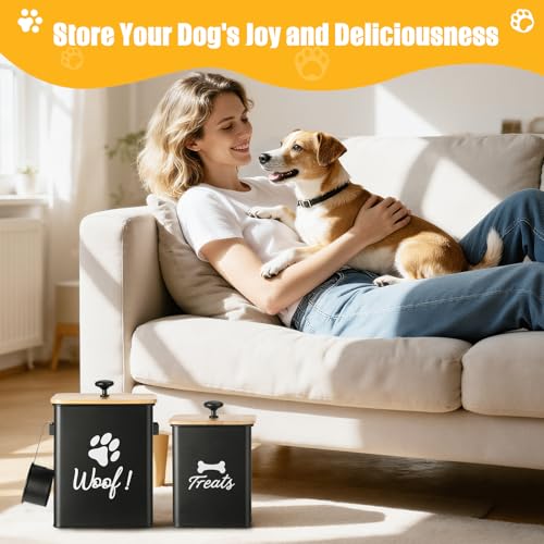 Dog Treat Containers Set of 2, Dog Food Storage Containers with Airtight Lids, Metal dog treat jars for Kitchen Countertop, Pet Food Canister Keep Snack Fresh, 5.9"×5.9"×7.1", Black - size: 5.9*7.1&4.9*6.1