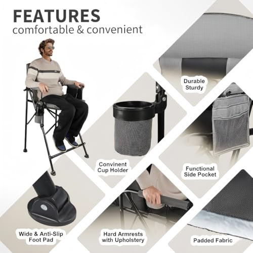 LANMONTAIN 2 Pack Tall Folding Camping Chairs,30.7'' Seat Height Portable Hard Arm Bar Chairs w/Cup Holder,Side Mesh Pocket and Footrest,Heavy Duty Support 350 Lbs Comfy Director Chairs,Black&Grey - color: Black&grey 2 Pack